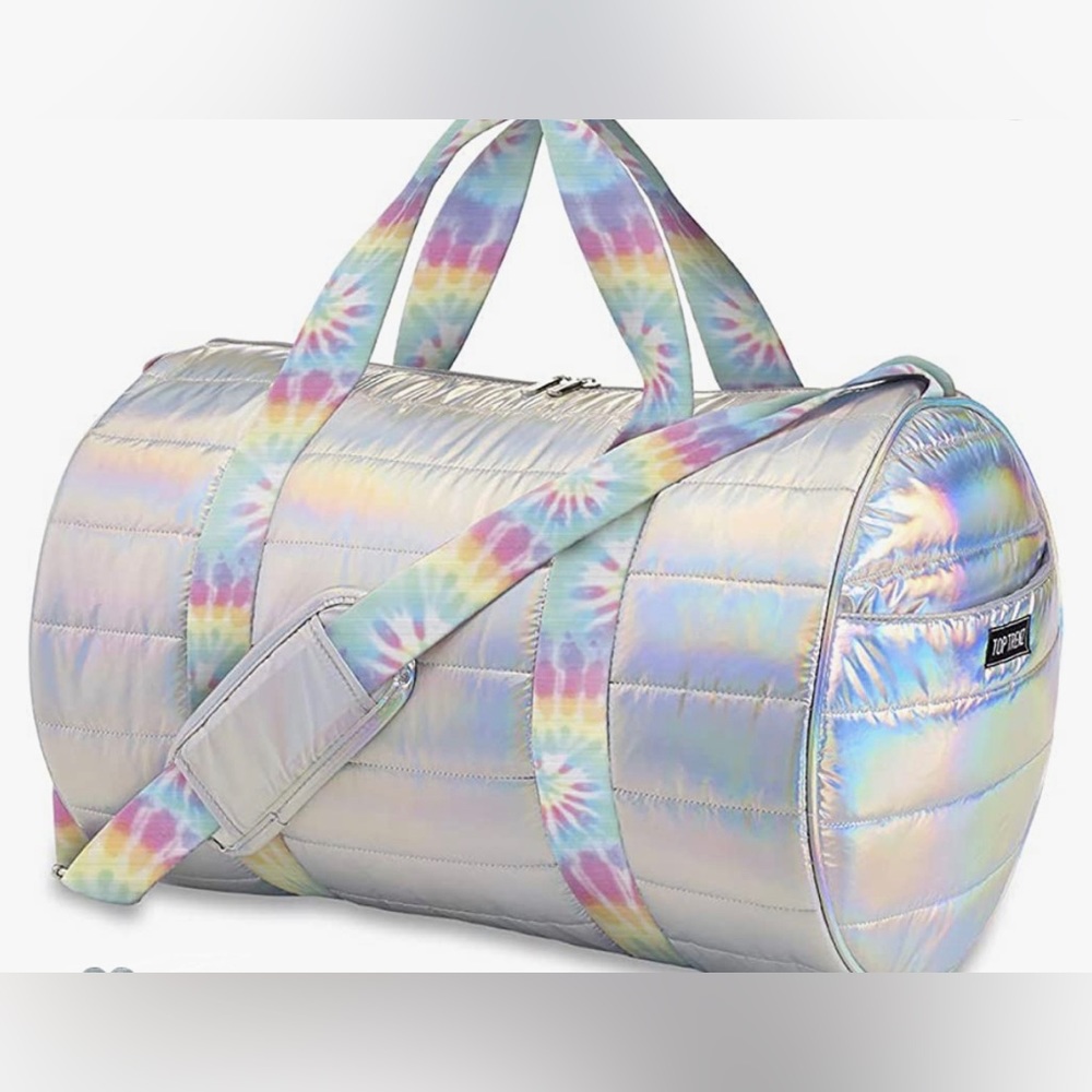 Zipper duffel bag shiny with tie die straps brand new in package with tags